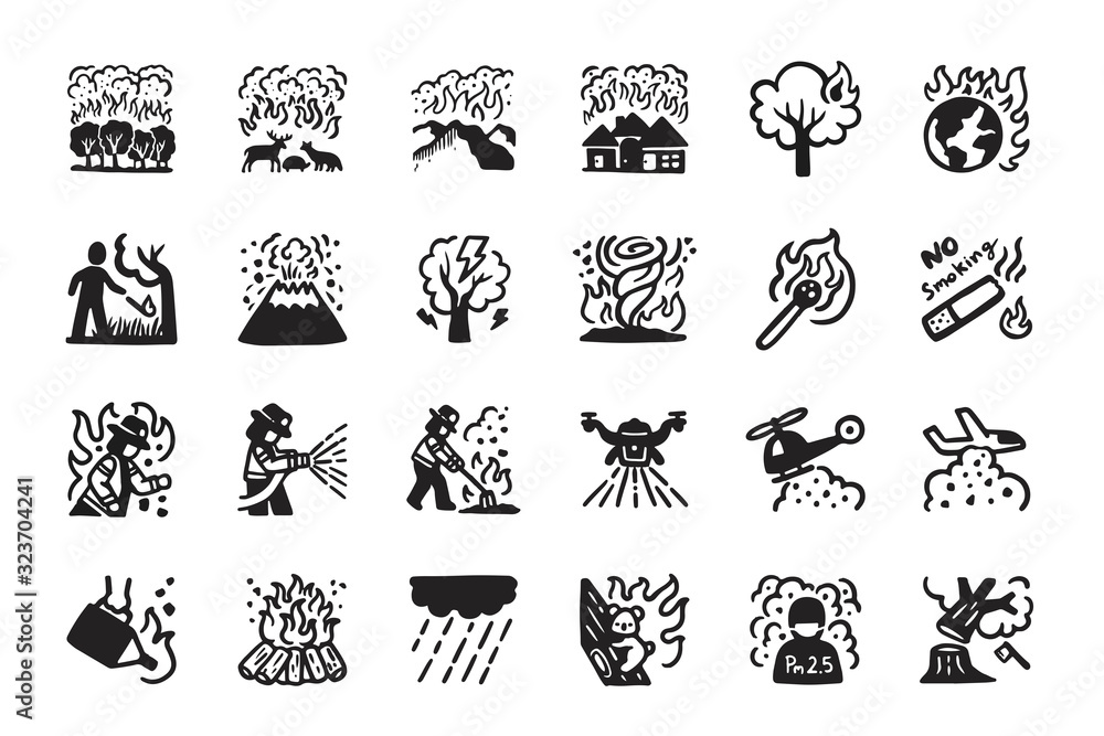 Wildfire,Forest fire Hand drawn Icon set