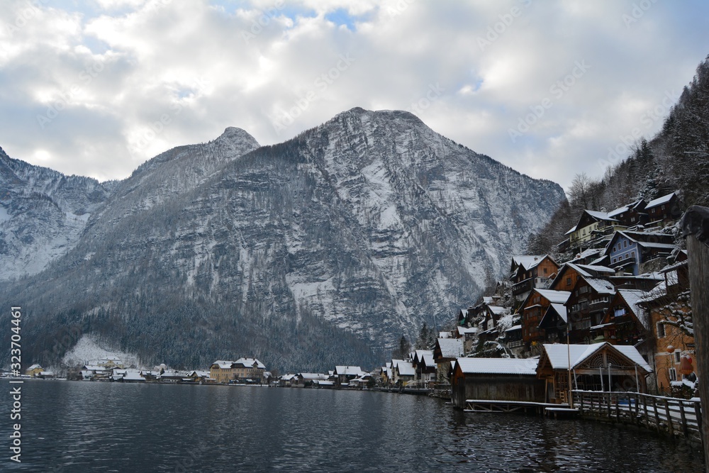 The lake of Hallstatt in the mountains, Austria. Winter view from the top.