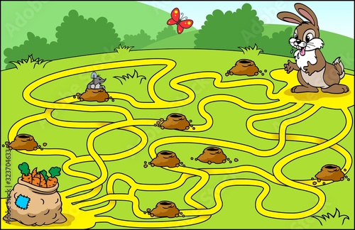 Help the hare to find his way to the bag of carrots.