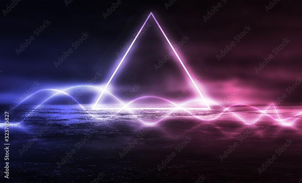 Background of empty stage show. Neon blue and purple light and laser show. Laser futuristic shapes on a dark background. Abstract dark background with neon glow