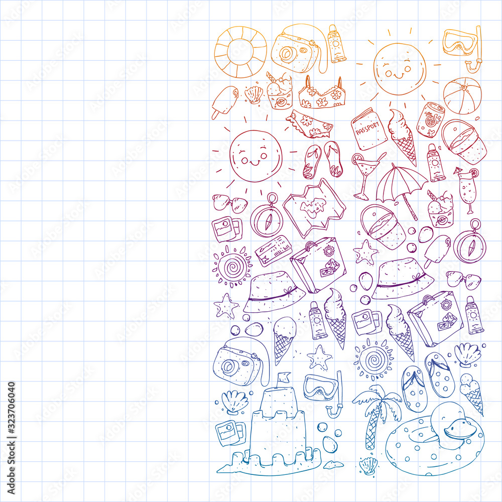 Vector pattern with travel and beach icons. Vector pattern with travel and beach icons.