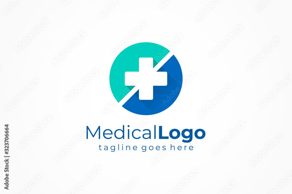 Obraz premium White Cross Sign in Blue Circle Medical Logo Health Icon. Flat Vector Logo Design Template Element