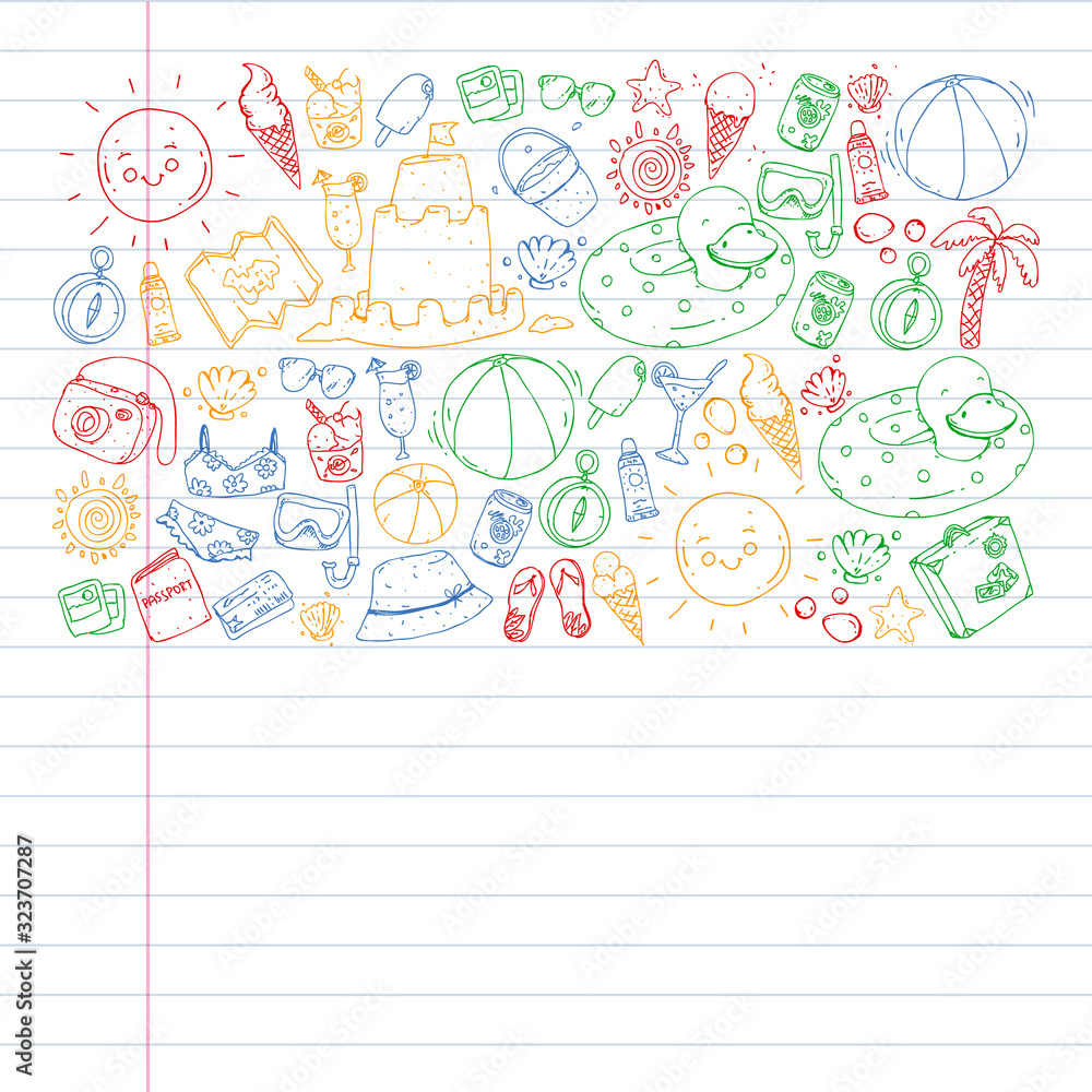 Vector pattern with travel and beach icons. Vector pattern with travel and beach icons.