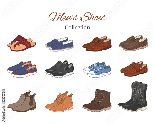 Men's shoes collection. Various types of male shoes casual boots, sneakers, formal shoes, vector illustration, isolated on white background.