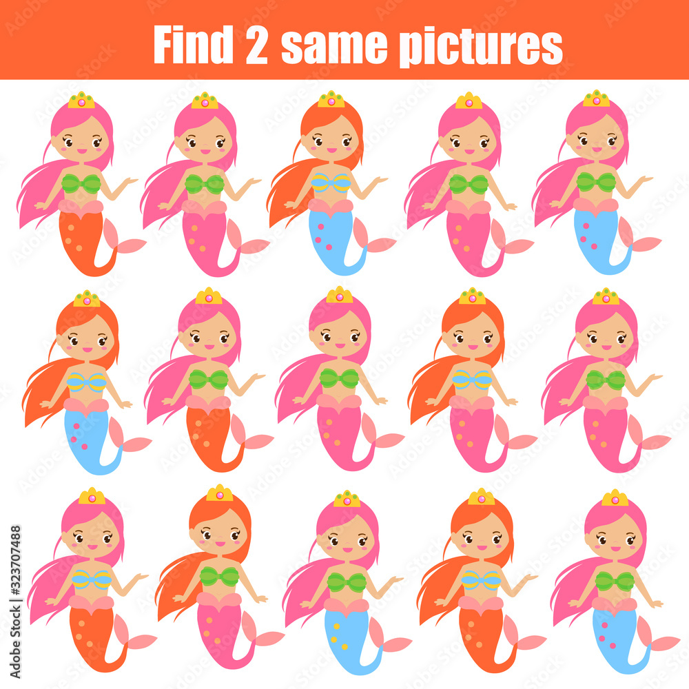 Naklejka premium Children educational game. Find two same pictures. Cute mermaids