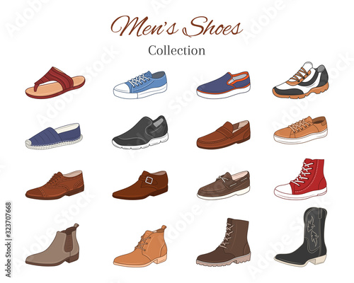 Men's shoes collection. Various types of male shoes casual boots, sneakers, formal shoes, vector illustration, isolated on white background.