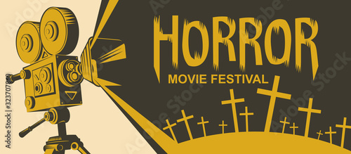 Vector poster for a horror movie festival. Illustration with an old movie projector and cemetery crosses. Scary cinema. Horror film night. Suitable for banners, flyers, tickets, billboards