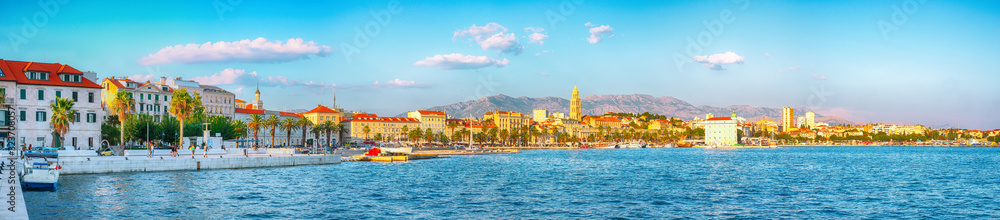 Amazing view of the promenade the Old Town of Split with the Palace of Diocletian and marina.