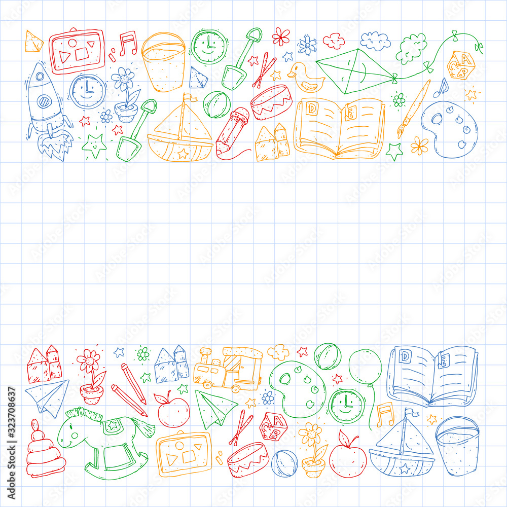 Kindergarten with toys. Pattern for children. Little preschool kids education. Drawing, learning, play