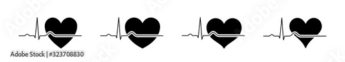 Heartbeat line in red and black. Heart rate line and heart. Isolated vector elements.