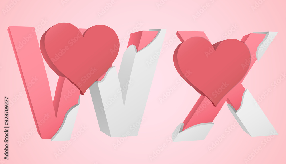 Letters w and x color pink inside the white broken Letters with a big red heart.