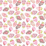 Chocolate-covered strawberries. Watercolor illustration. Seamless patterns. Valentine’s Day.