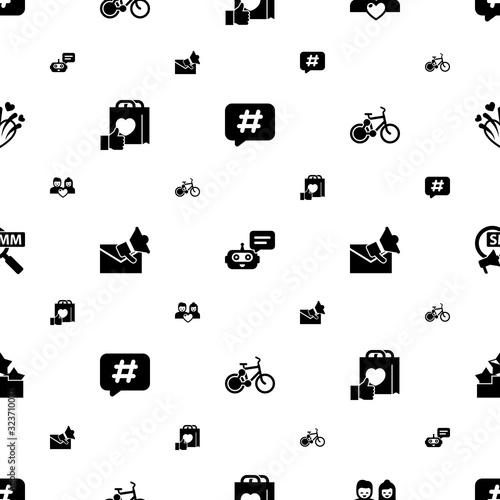 web icons pattern seamless. Included editable filled Hashtag, Chat Bot, couple, Brand engagement, Email marketing, bike sharing, Social Marketing icons. web icons for web and mobile.