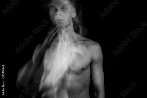 Emotional dreamy naked man portrait long Multiple exposure black and white photo. Sad support and love emotions. Abstract creative art work