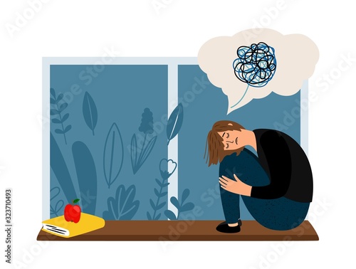 Depression concept. Young girl sitting on windowsill. San woman has mental problems, psychotherapy and mental disorder vector illustration