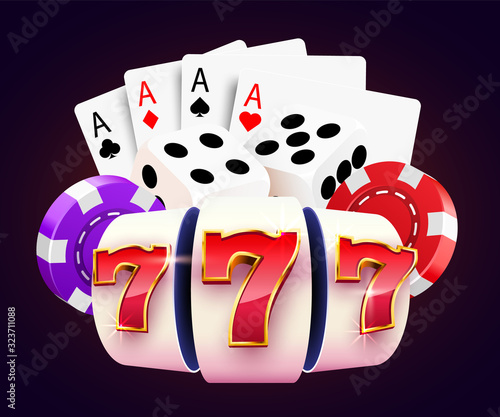 Golden slot machine, dices, poker cards wins the jackpot. 777 Big win concept. Casino jackpot.