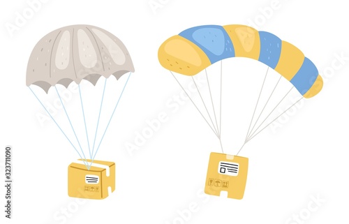 Parcels with parachute. Express smart delivery metaphor. Isolated boxes flying vector illustration
