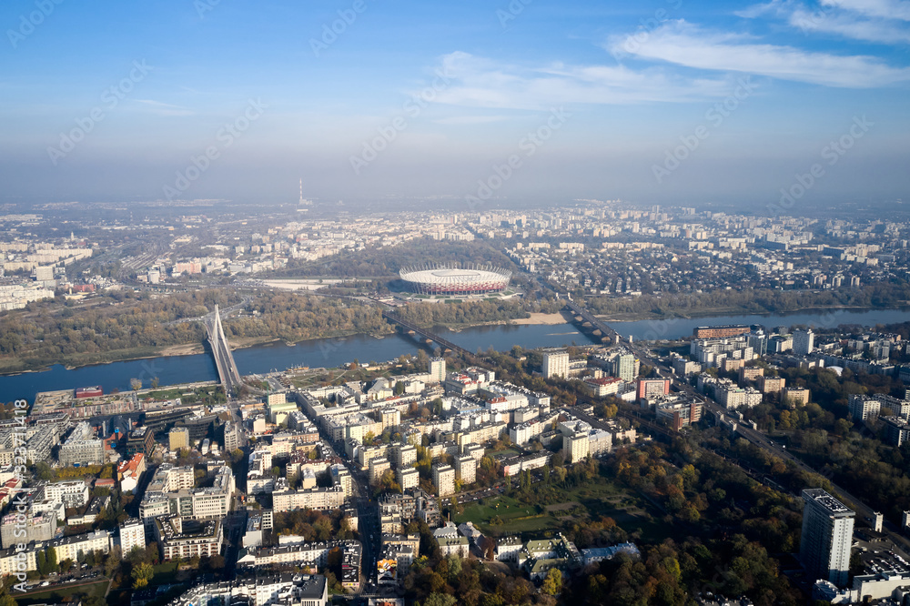 Aerial view of Warsaw stadium at sunset