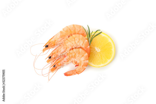 Shrimps with rosemary and lemon isolated on white background