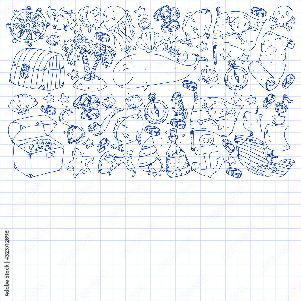 Ocean and sea for children. Pattern for boys. Pirate party. Cute fishes, animals, treasures. Kids vacation pattern, beach toys and elements. Ocean and sea for children. Pattern for boys. Pirate party. Cute fishes, animals, treasures. Kids vacation pattern, beach toys and elements.