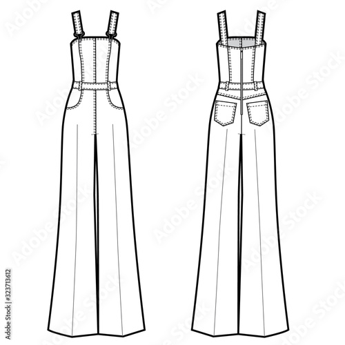 Vector illustration of women's jeans jumpsuit. Front and back