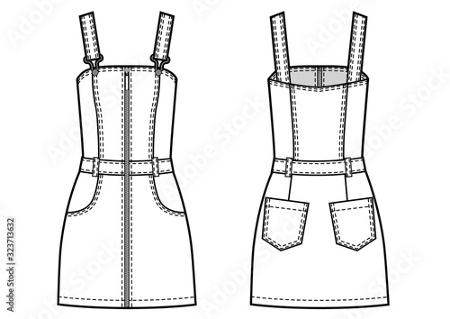 Vector illustration of women's jeans short jumpsuit. Front and back