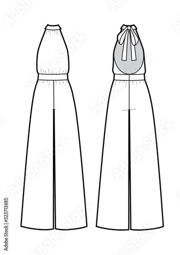 Vector illustration of women's jumpsuit with bow on back. Front and back