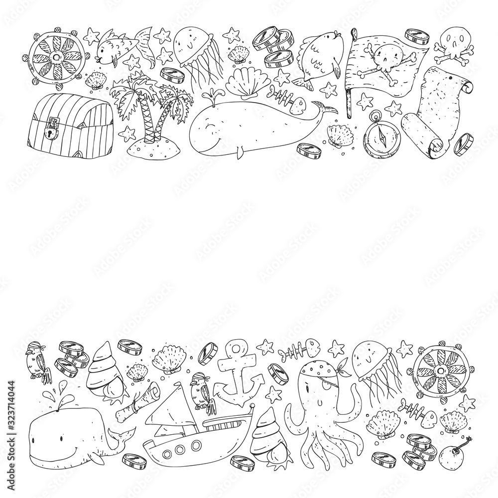 Ocean and sea for children. Pattern for boys. Pirate party. Cute fishes, animals, treasures. Kids vacation pattern, beach toys and elements. Ocean and sea for children. Pattern for boys. Pirate party. Cute fishes, animals, treasures. Kids vacation pattern, beach toys and elements.