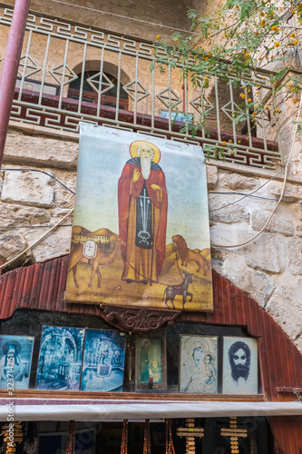 Icons in the courtyard of the monastery of Gerasim Jordanian - Deir Hijleh - in the Judean desert near the city of Jericho in Israel © svarshik