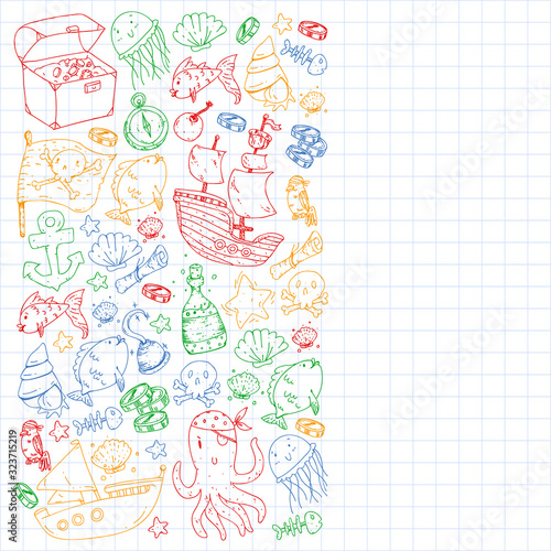 Ocean and sea for children. Pattern for boys. Pirate party. Cute fishes, animals, treasures. Kids vacation pattern, beach toys and elements.