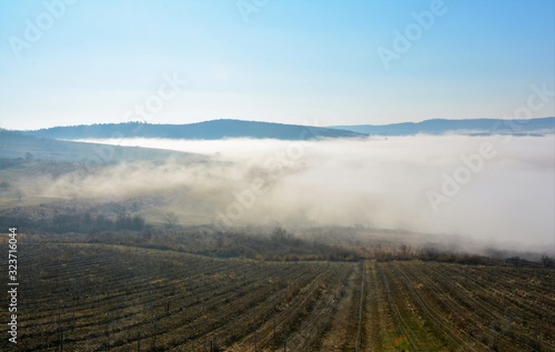 landscape with fog between hills