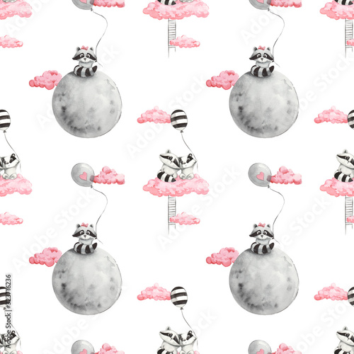 Watercolor seamless pattern for baby with raccons and pink clouds moon and balloon photo