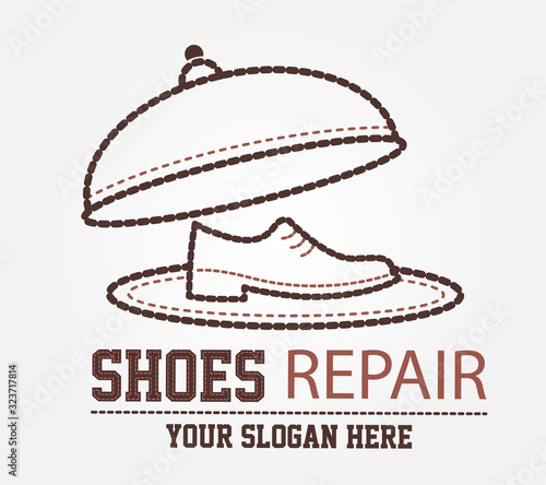 Shoemaker logo template. Shoe repair vector design. Сoncept for workshop repair or restoration of leather goods. Design for print, emblem, t-shirt, sticker, logotype.
