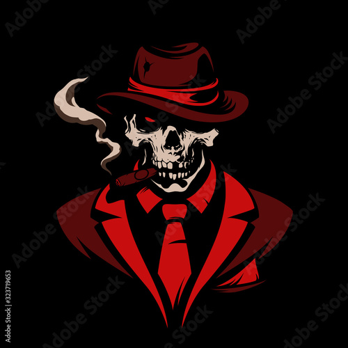 Skull in gangster hat with cigar on black background photo