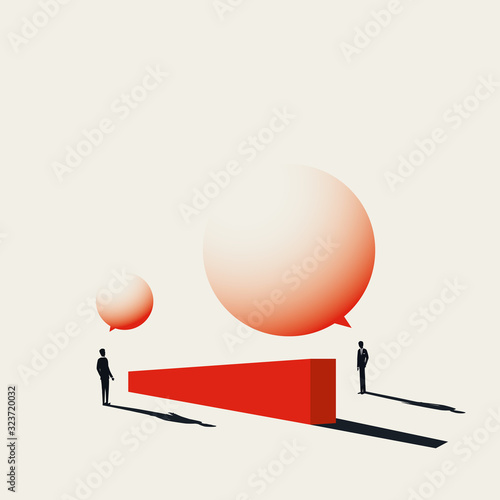 Business negotiation vector concept in minimal art style. Businessman discussion over wall with speech bubbles.
