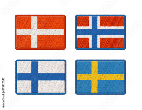 Flags Of Denmark, Norway, Finland, Sweden. Vector Photo Realistic Embroidery Patches Isolated On White Background. 