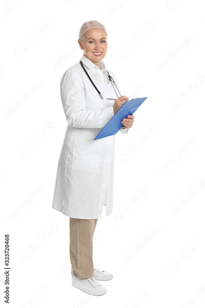 Mature doctor with clipboard on white background Mature doctor with clipboard on white background