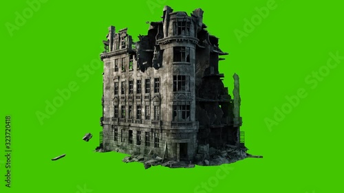 A collapsing house with a lot of dust and smoke. Ruins of the building close-up. Ruins of a destroyed house. Ruins of a house. Demolished house in front of green screen.