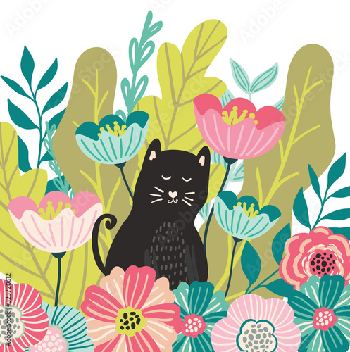 Cute cat in leaves and whimsical flowers, hiding in the garden. Spring in the garden, animal illustration, cute kids and children print for cards, clothing, posters, stationery.