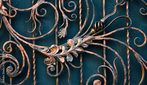 Details of structure and ornaments of wrought iron fence and gate