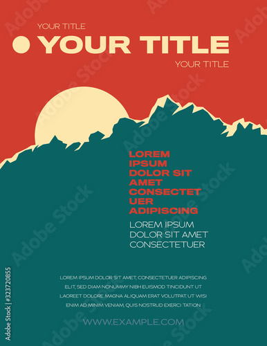Summer outdoor festival flyer vector template with mountains and sun in the background.