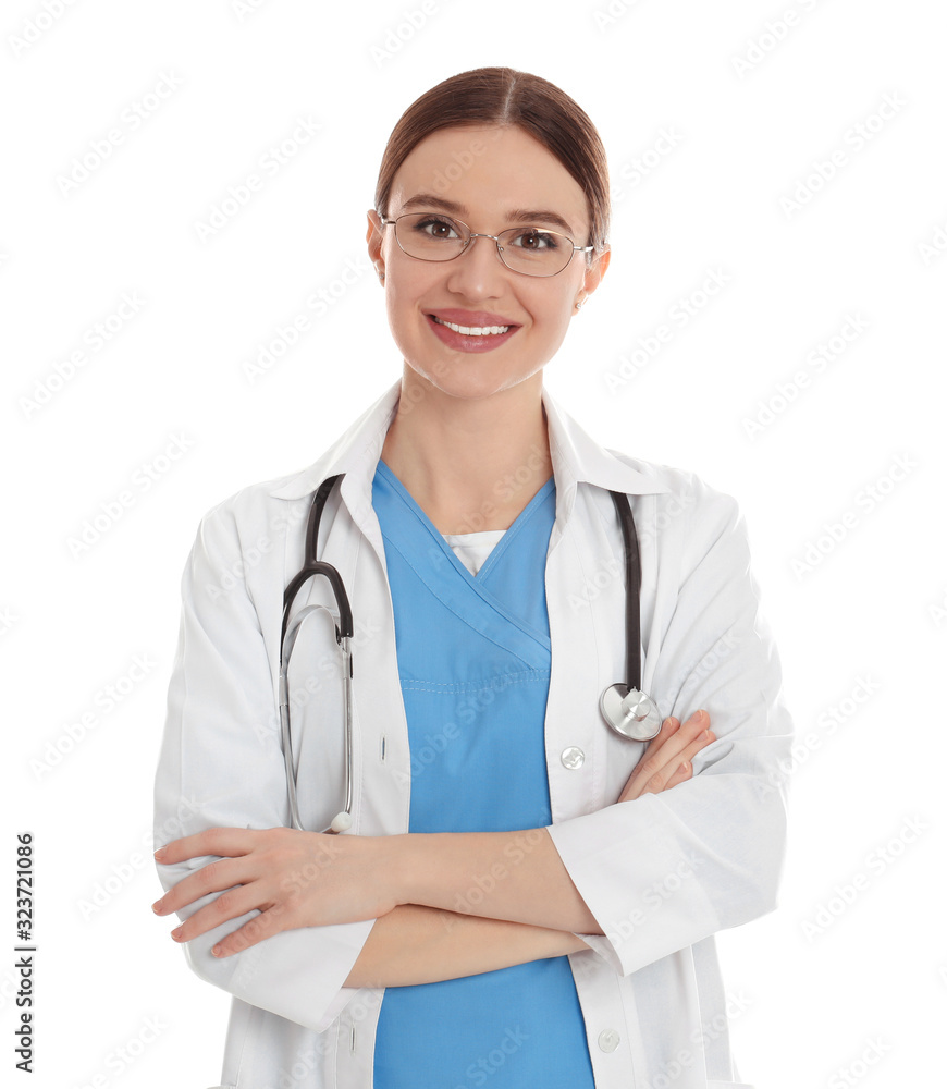 Portrait of doctor with stethoscope on white background Portrait of doctor with stethoscope on white background