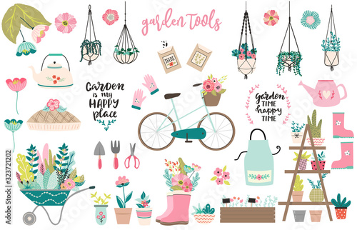 Set of hand drawn garden equipment tools in scandinavian style, flower pots, wheelbarrow, lettering, bicycle. Spring in the garden concept, isolated on white background.  Garden is my happy place