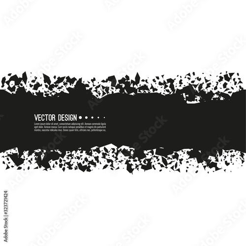 Explosive black banner. Vector rectangle breaking into small debris with sharp particles.