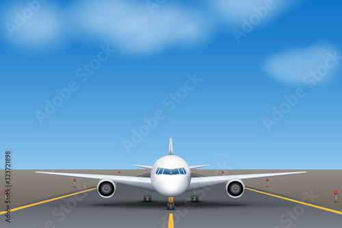 The plane takes off on the runway at the airport during the day. Airplane standing on runway front view. Vector Illustration.