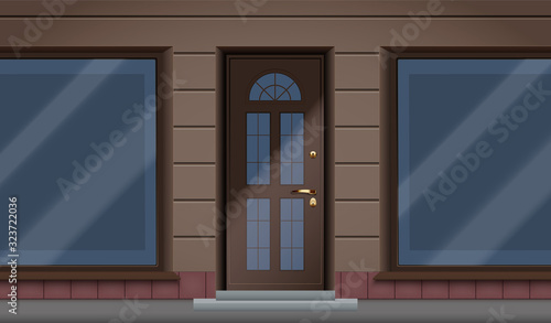 Exterior of Hotel facade with two big glass showcase and entrance. Facade of granite wall and big windows and door with marquise blind. Boutique Street view. Vector Illustration. photo