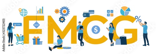 FMCG. Fast Moving Consumer Goods acronym. Quickly moving product, short term goods. Business and commerce concept with big word or text. Vector illustration with characters and icons.