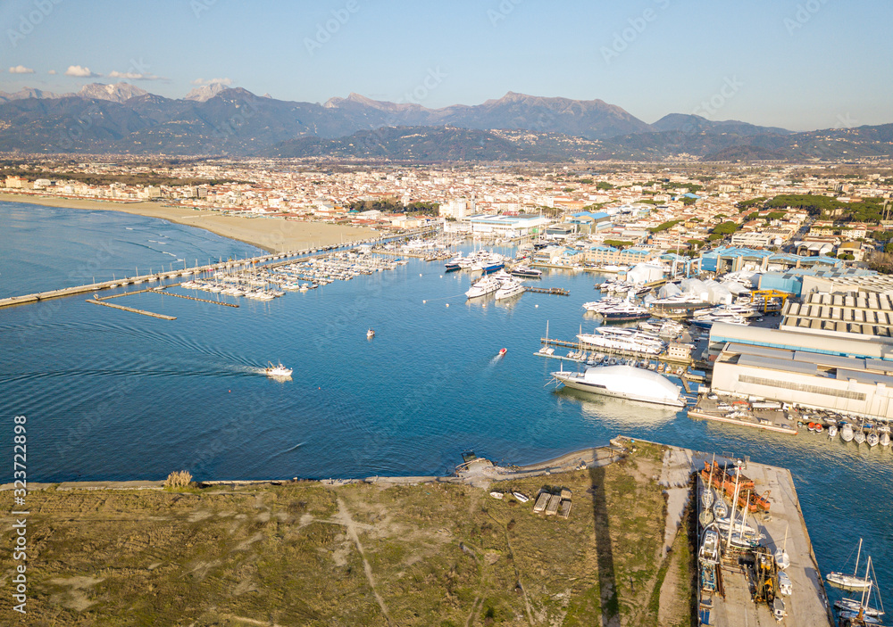 Aerial view from drone of the turistic harbor with many boat and luxory yacht