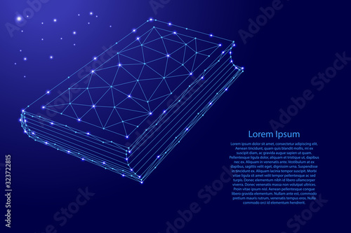 Book symbol of knowledge for literature fans from futuristic polygonal blue lines and glowing stars for banner, poster, greeting card. Vector illustration.
