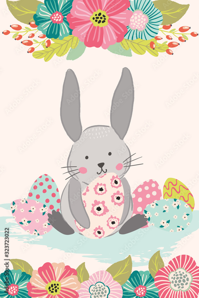 Happy Easter greeting card design with cute hand drawn illustration of bunny rabbit and easter eggs. Egg hunt and party invitation template, poster, banner design in scandinavian style illustration. Happy Easter greeting card design with cute hand drawn illustration of bunny rabbit and easter eggs. Egg hunt and party invitation template, poster, banner design in scandinavian style illustration.